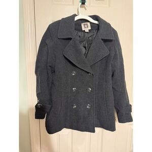 Anne Klein Womens Charcoal Gray Wool Blend Double Breasted Pea Coat Size Large